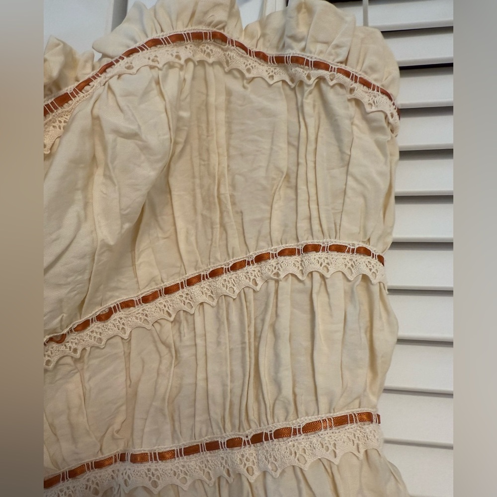 Cream Ruffled Women's Top with Ribbon Details - Picture 2 of 5